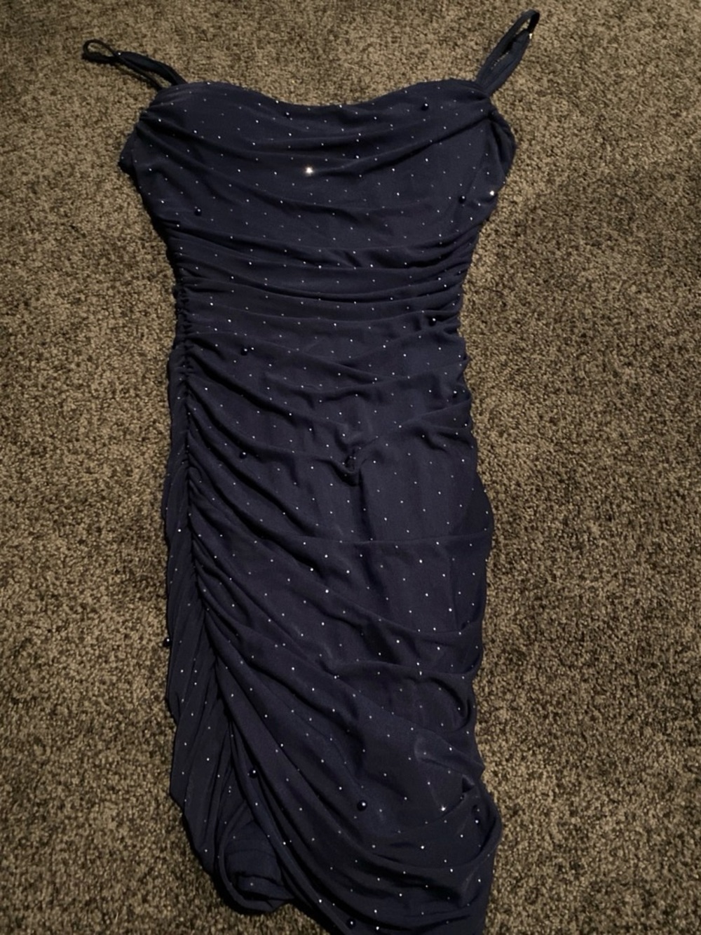 Windsor Navy Sparkle Ruched Spaghetti Strap Prom Dress